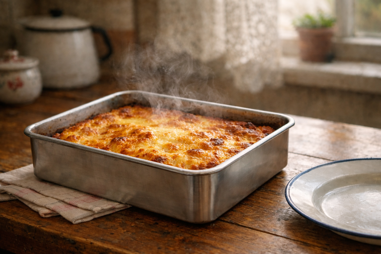 Творожная запеканка в алюминиевой форме на столе