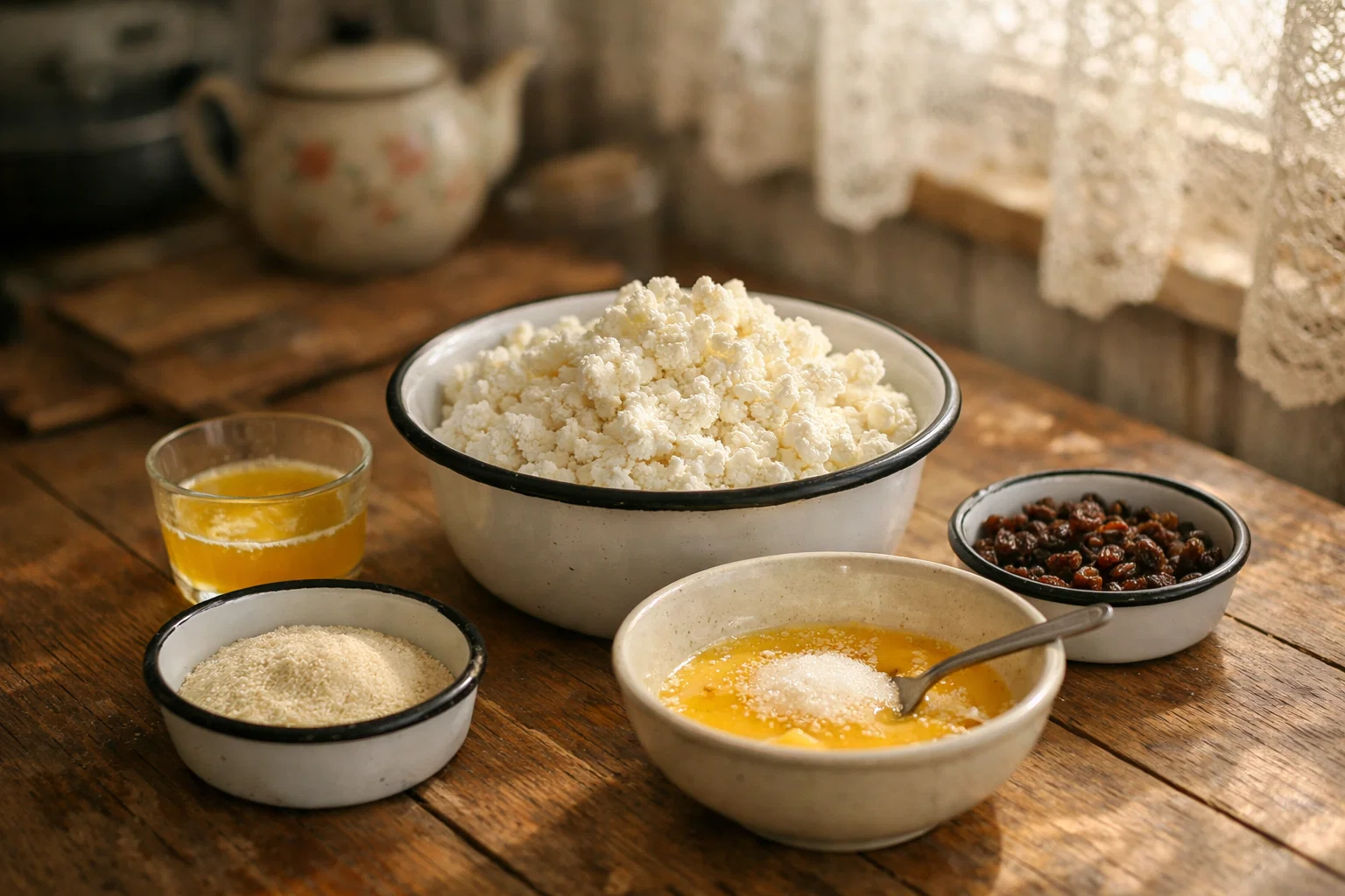 Ингредиенты для творожной запеканки: тарелка с творогом, изюмом, яйцами и манной крупой