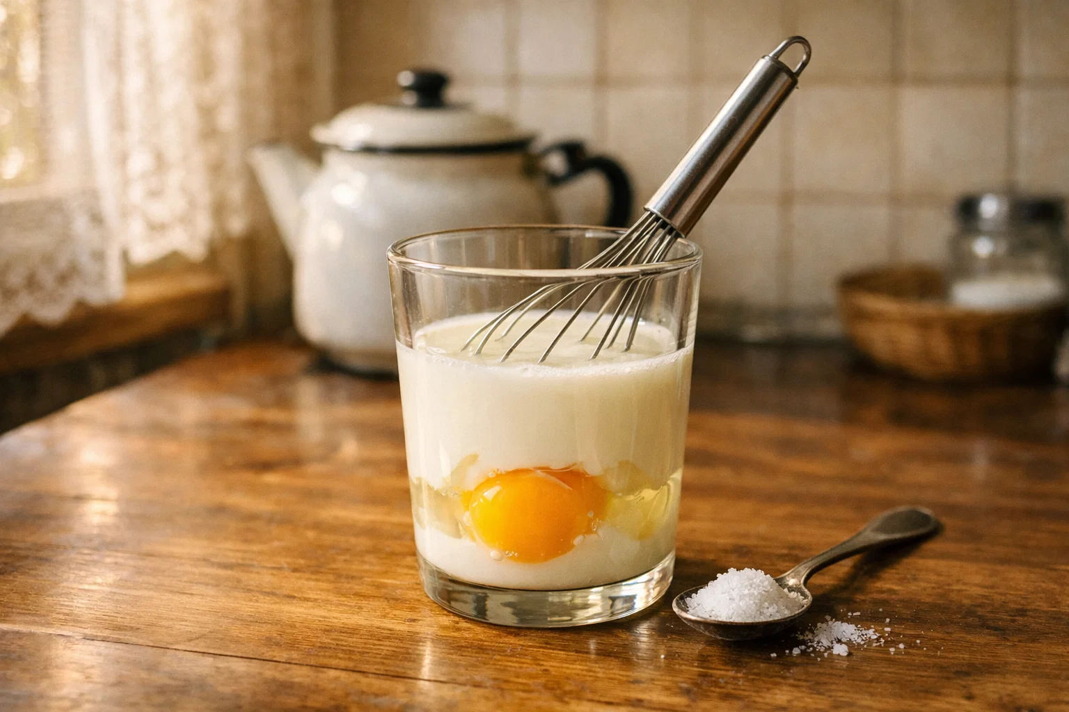 Взбитое яйцо с молоком в стакане для теста вареников