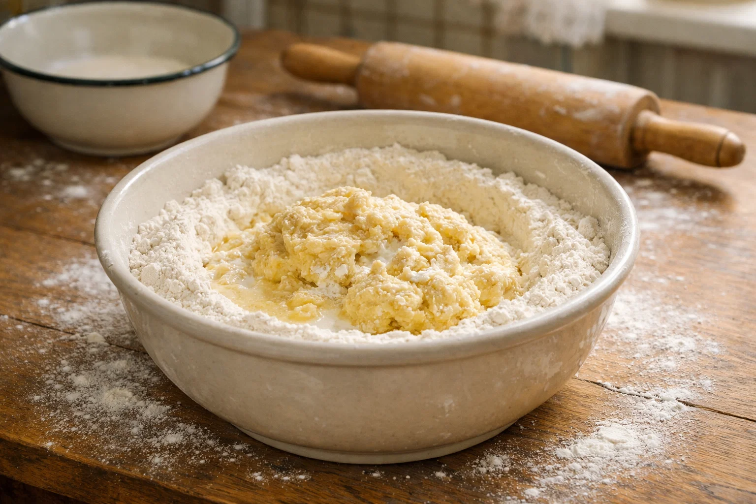 Крутое тесто для вареников с творогом в белой миске на столе