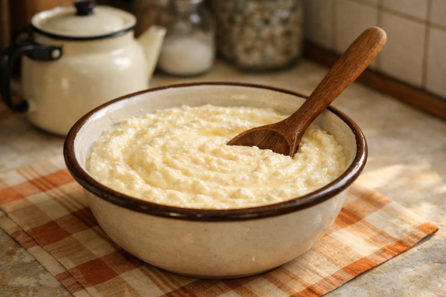 Творожная масса для вареников с творогом в тарелке на столе
