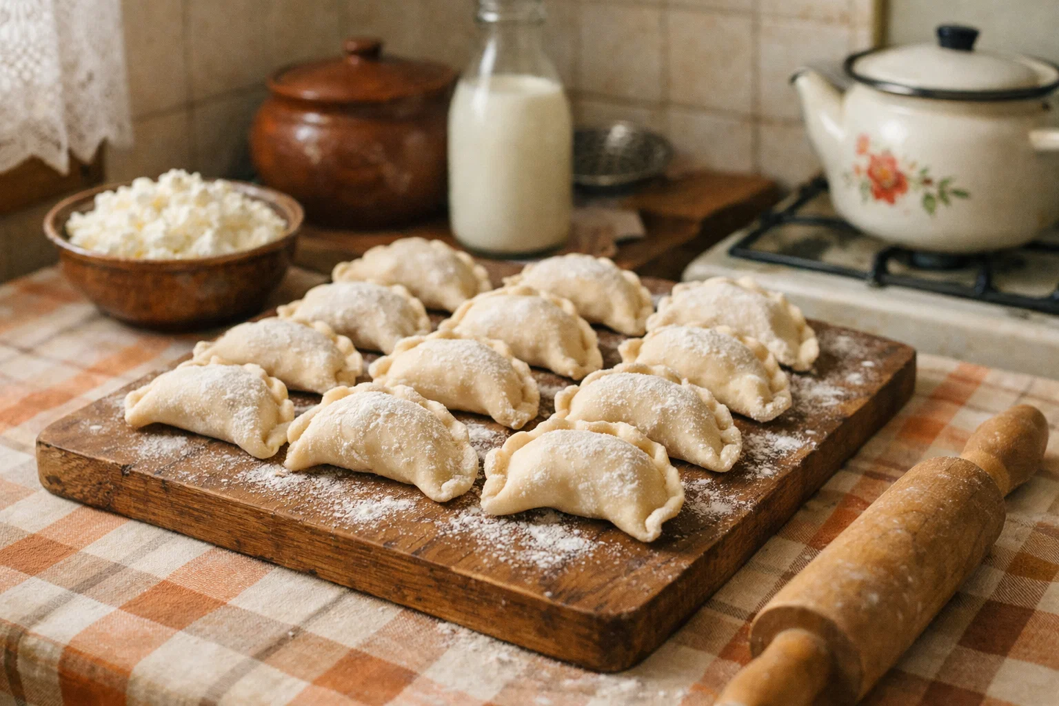 Вареники с творогом перед варкой на доске