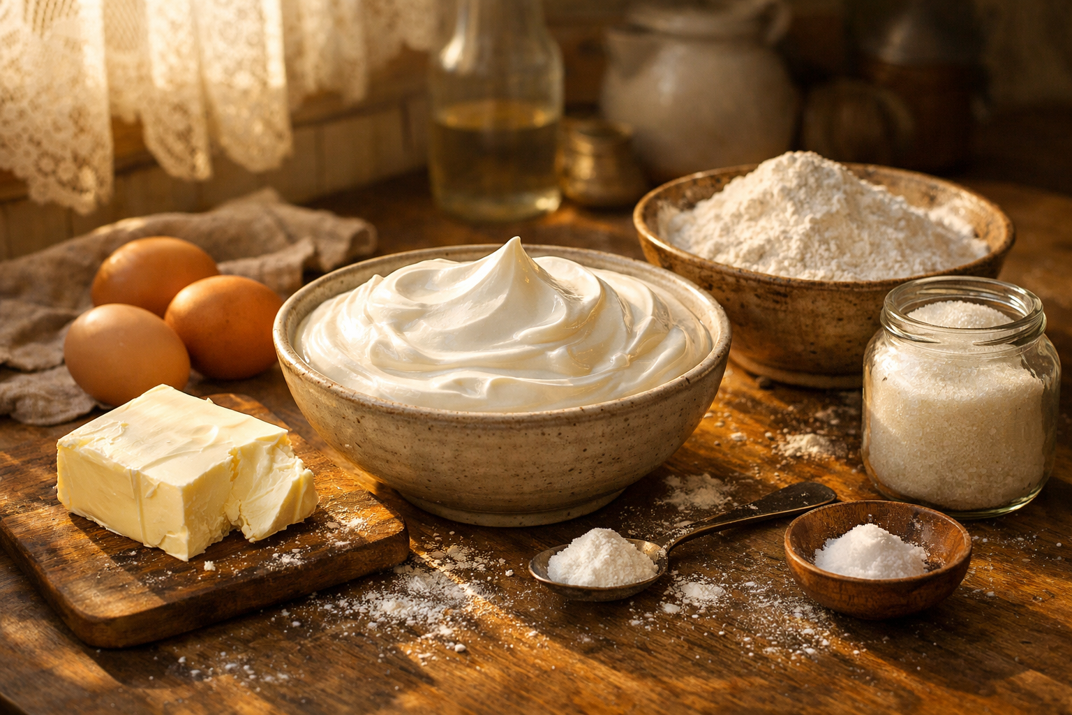 Сметанник ингредиенты для теста на столе — сметана, яйца, масло, мука, сахар в тёплом свете