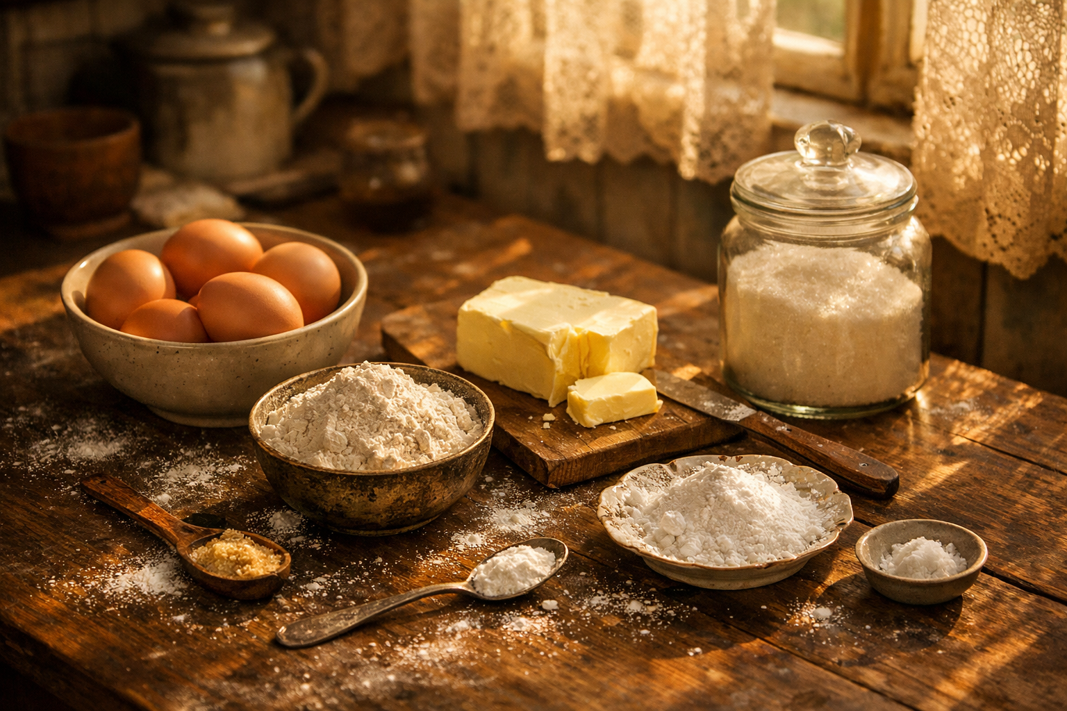 Ингредиенты для вафель: яйца, масло, мука и сахар на деревянном столе в тёплом солнечном свете, уютная советская кухня