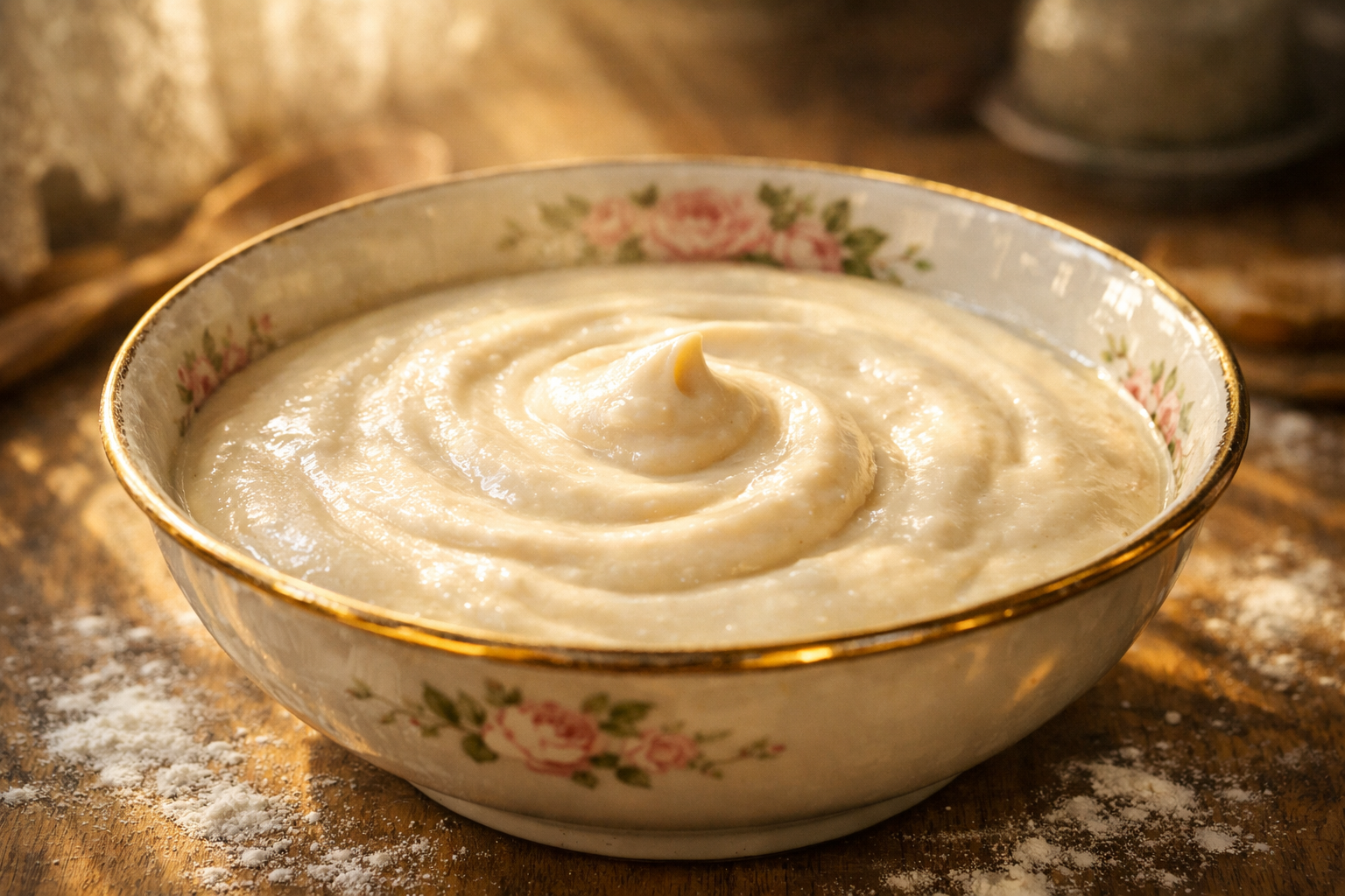 Тесто для вафель в винтажной фарфоровой миске с золотым ободком