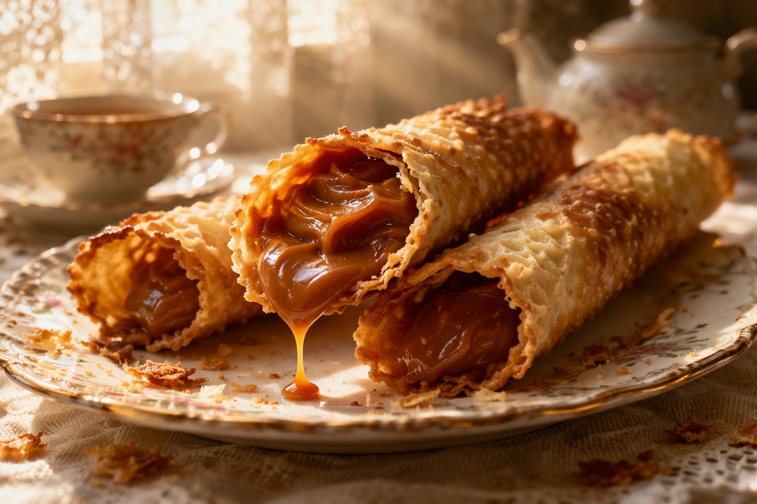 Вафельные трубочки с варёной сгущёнкой на тарелке, крупный план,золотистая хрустящая текстура