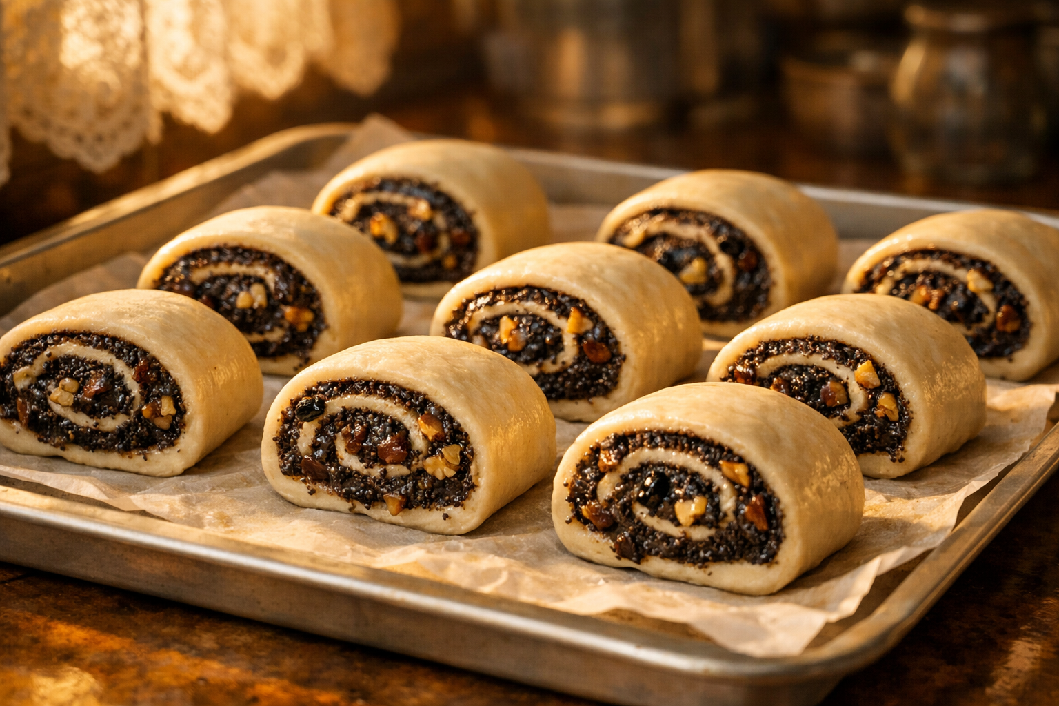 Сырые булочки с маком на противне с пергаментом — рулетики с сочной маковой начинкой в тёплом золотом свете