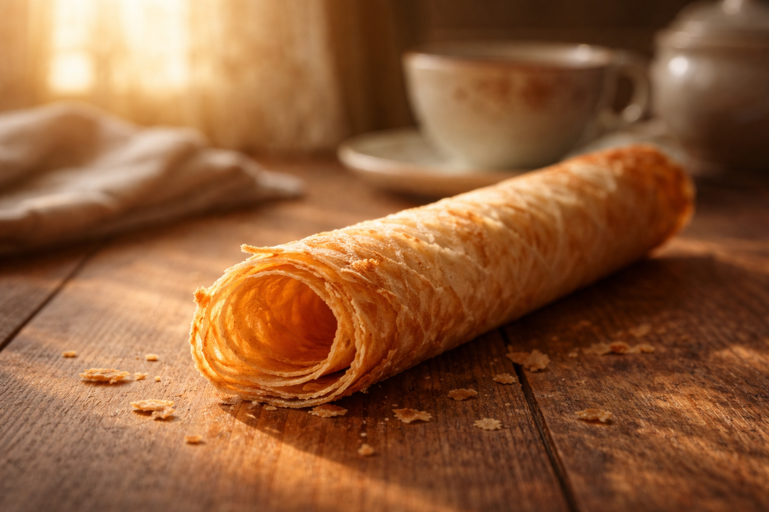 Тонкая хрустящая вафельная трубочка с золотистой корочкой и слоистой текстурой, лежит на деревянном столе в теплом солнечном свете