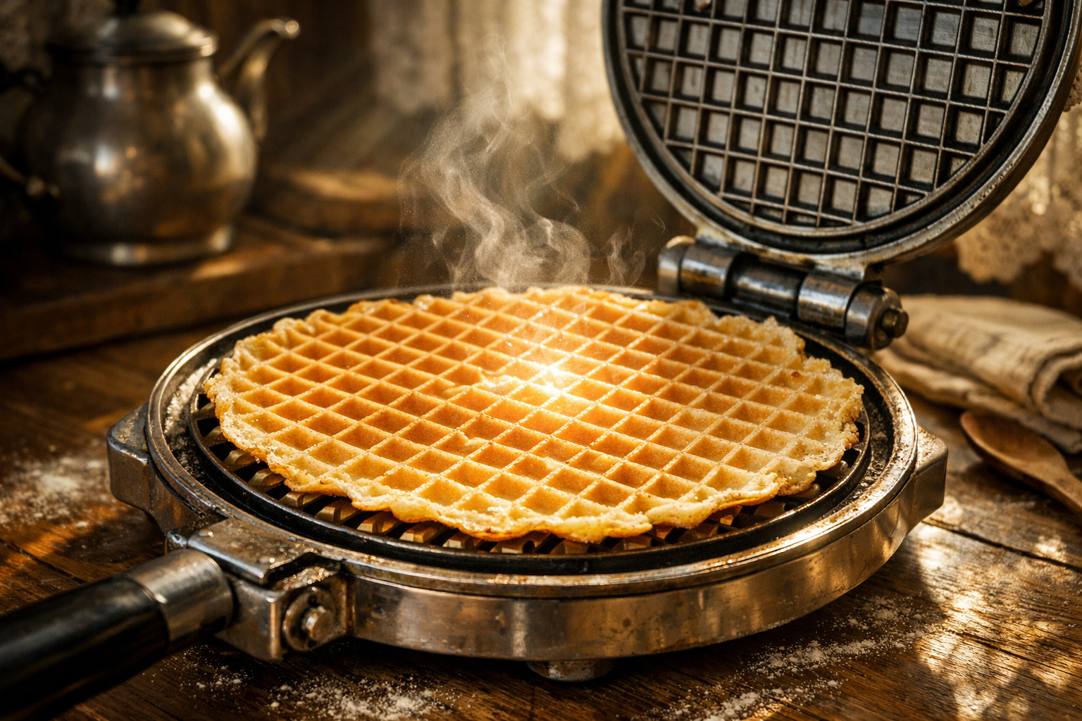 Тонкая домашняя вафля в советской вафельнице, золотистая и хрустящая, с паром и тёплым солнечным светом из окна