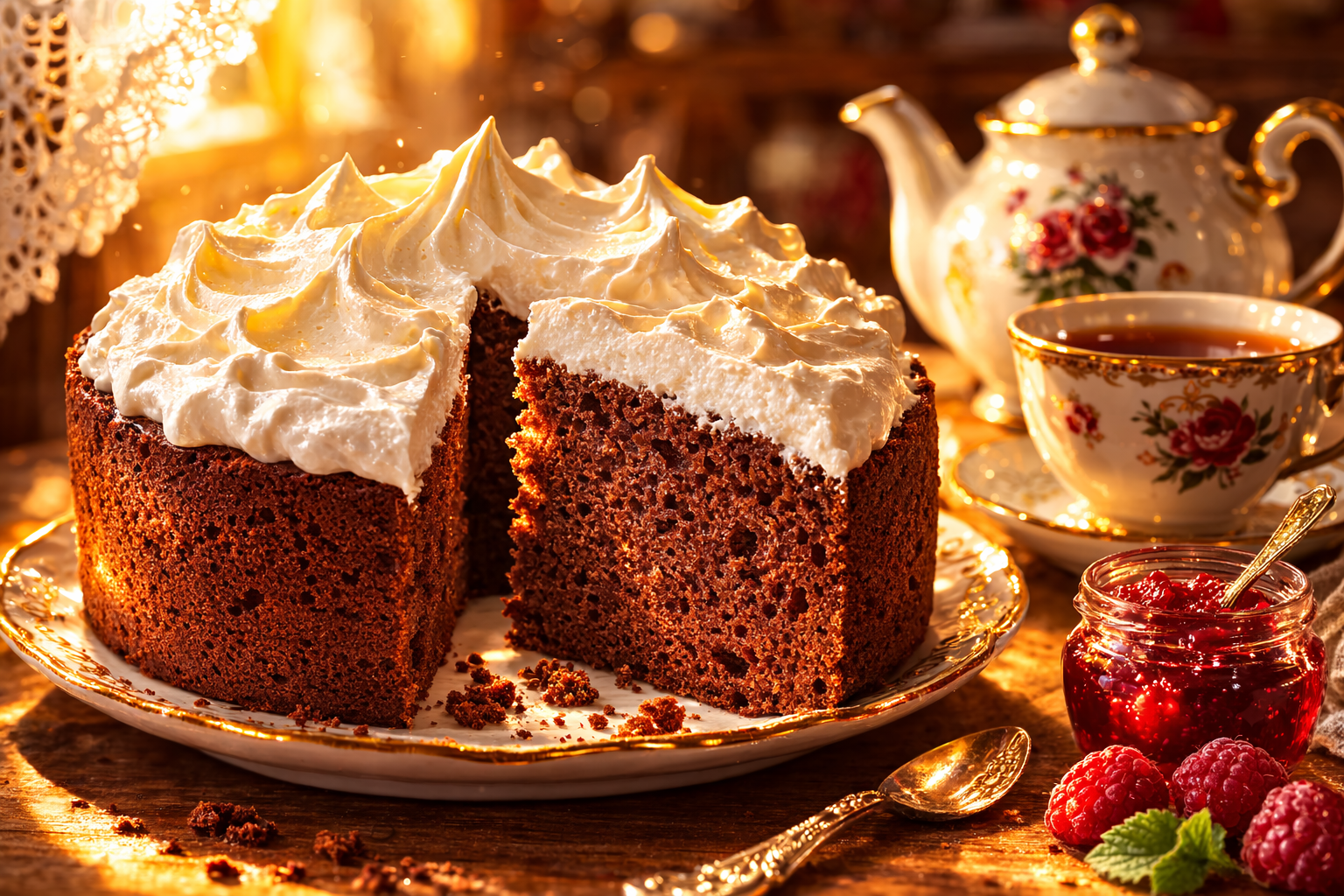 Шоколадный пирог со взбитыми сливками на блюде