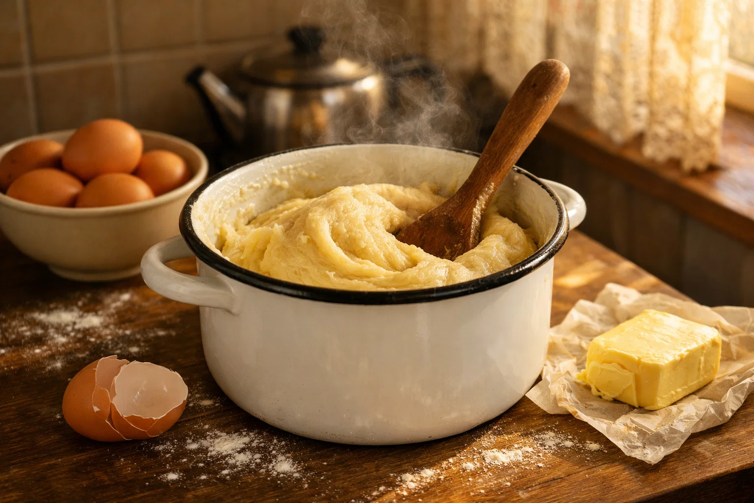 Заварное тесто для эклеров в кастрюле, густая однородная масса