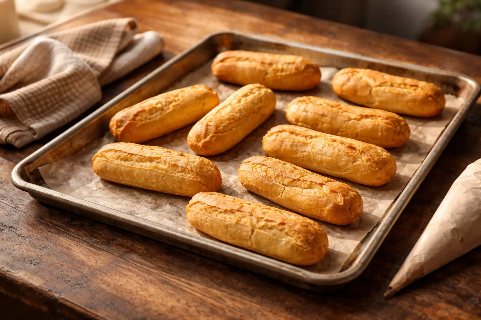 Свежевыпеченные эклеры с золотистой корочкой на противне