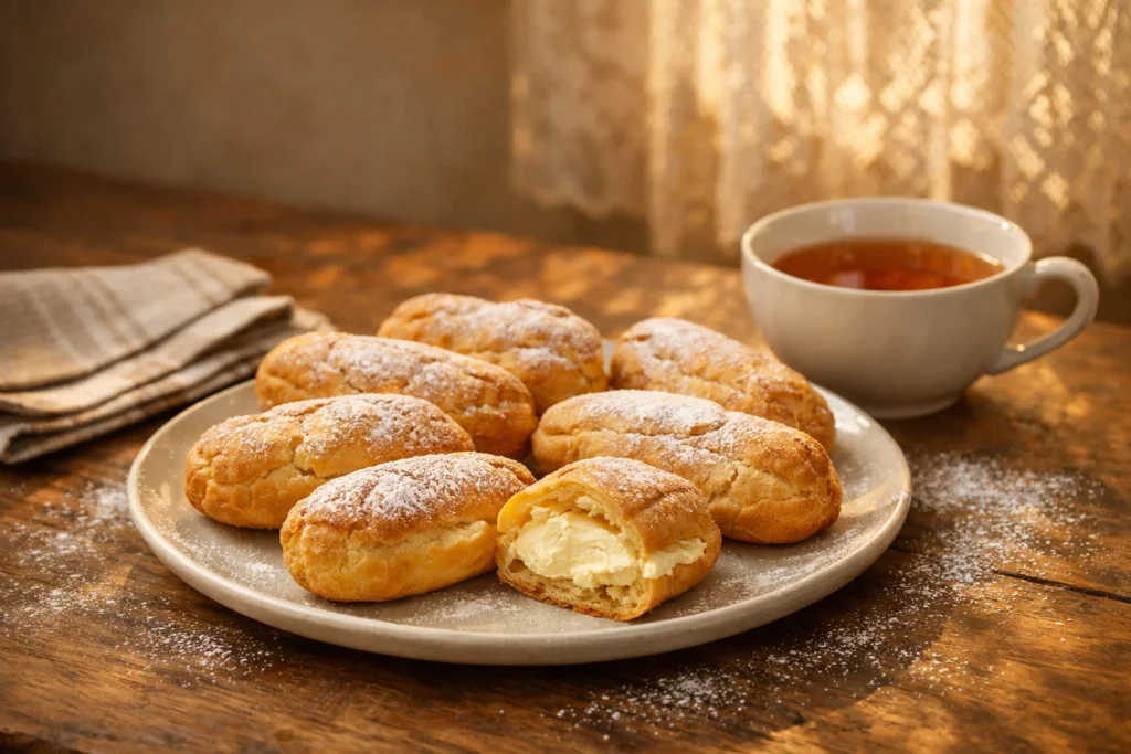 Эклеры со сливочным кремом и сахарной пудрой