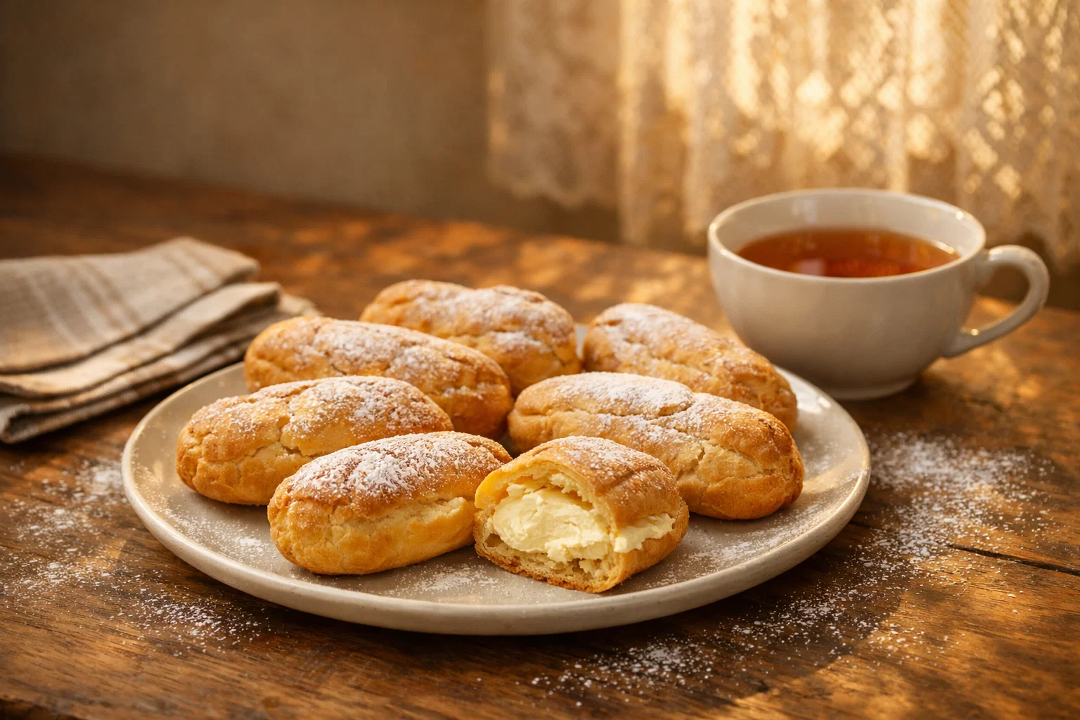 Эклеры со сливочным кремом и сахарной пудрой