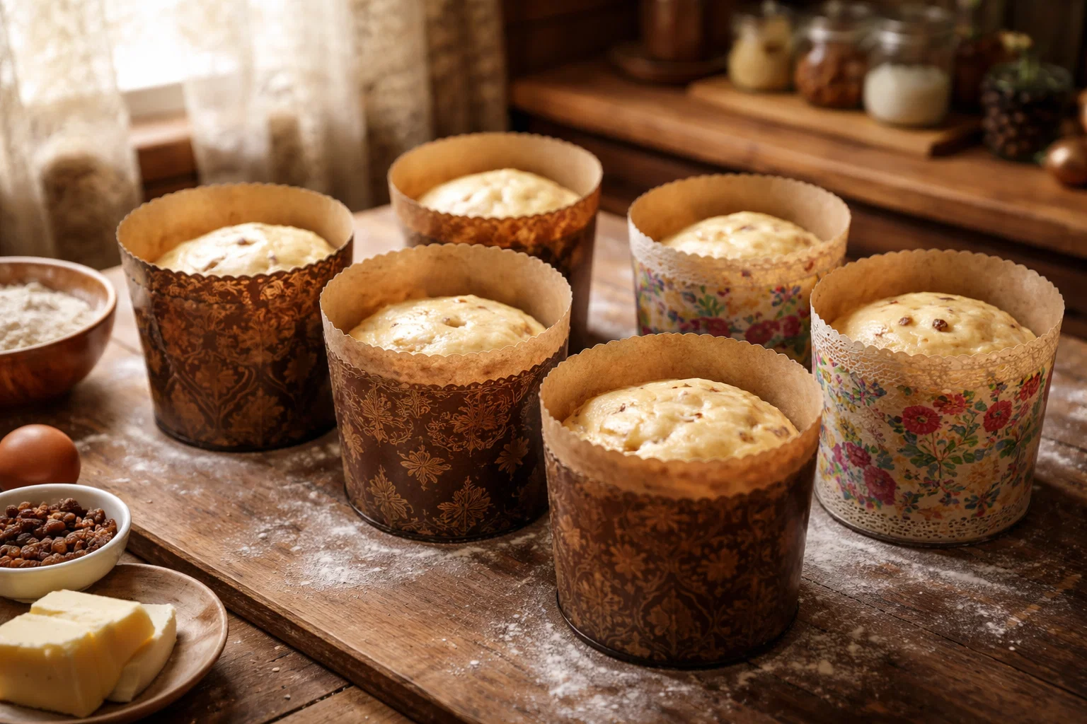 Тесто для кулича разложено по формам перед подъёмом