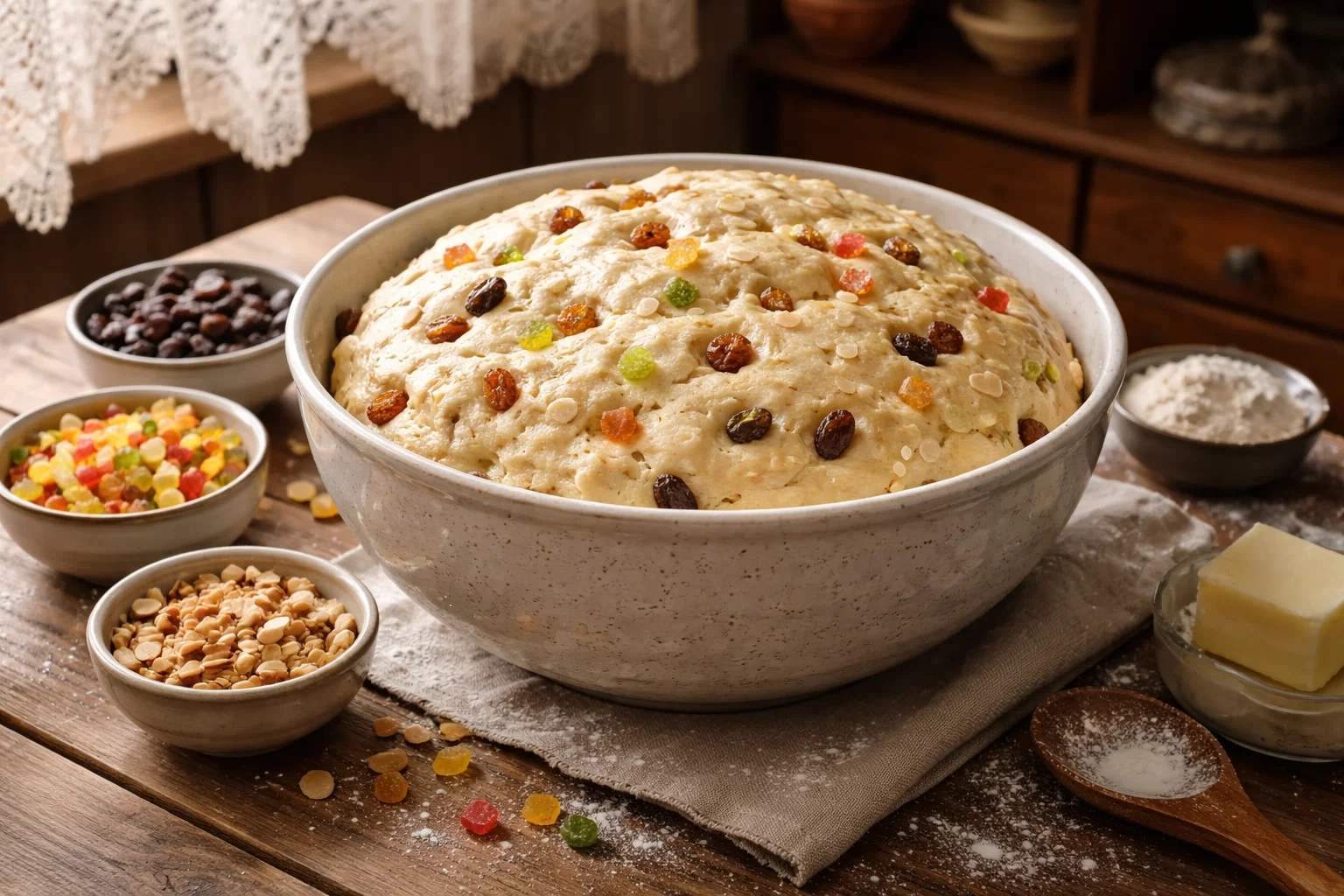 дрожжевое тесто для кулича с изюмом, цукатами и миндалём