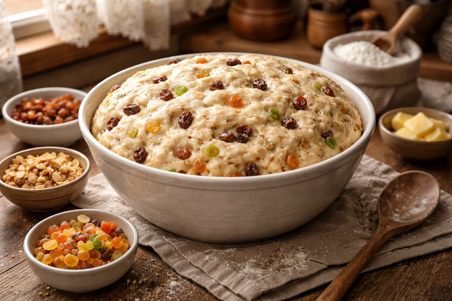 Тесто для пасхального кулича с изюмом и цукатами в миске