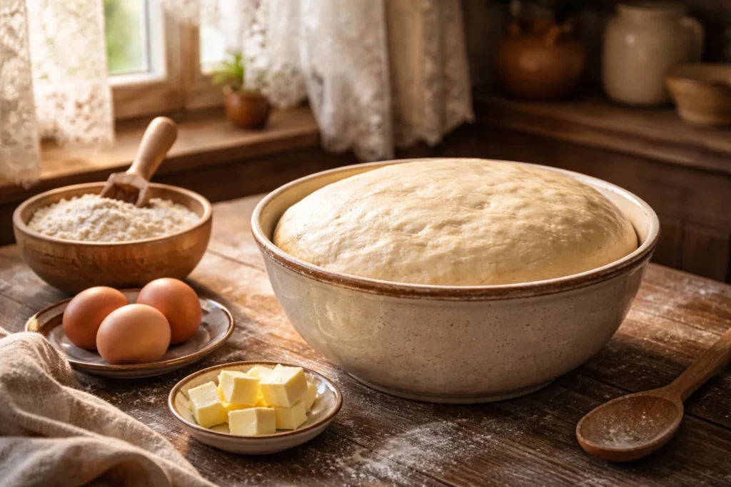 дрожжевое тесто для кулича в миске перед подъёмом