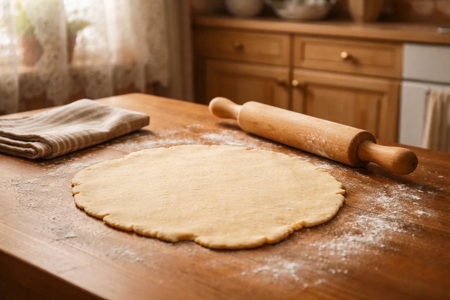 Раскатанное песочное тесто перед выпечкой