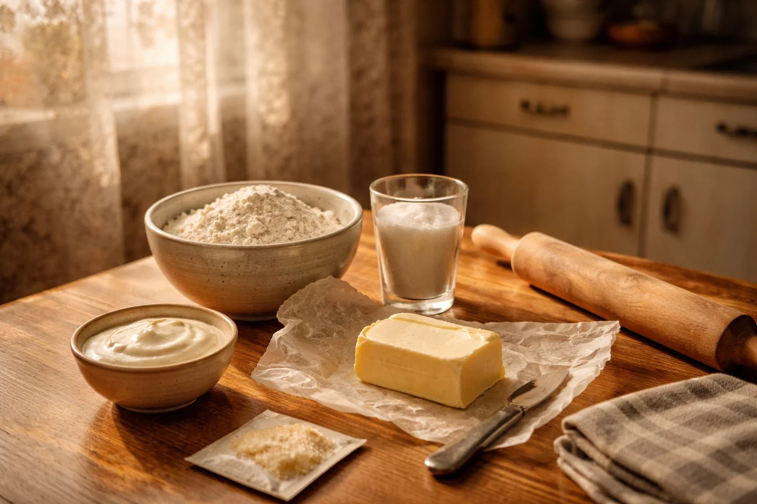 Ингредиенты для песочного теста на сметане — мука, масло, сахар и сметана