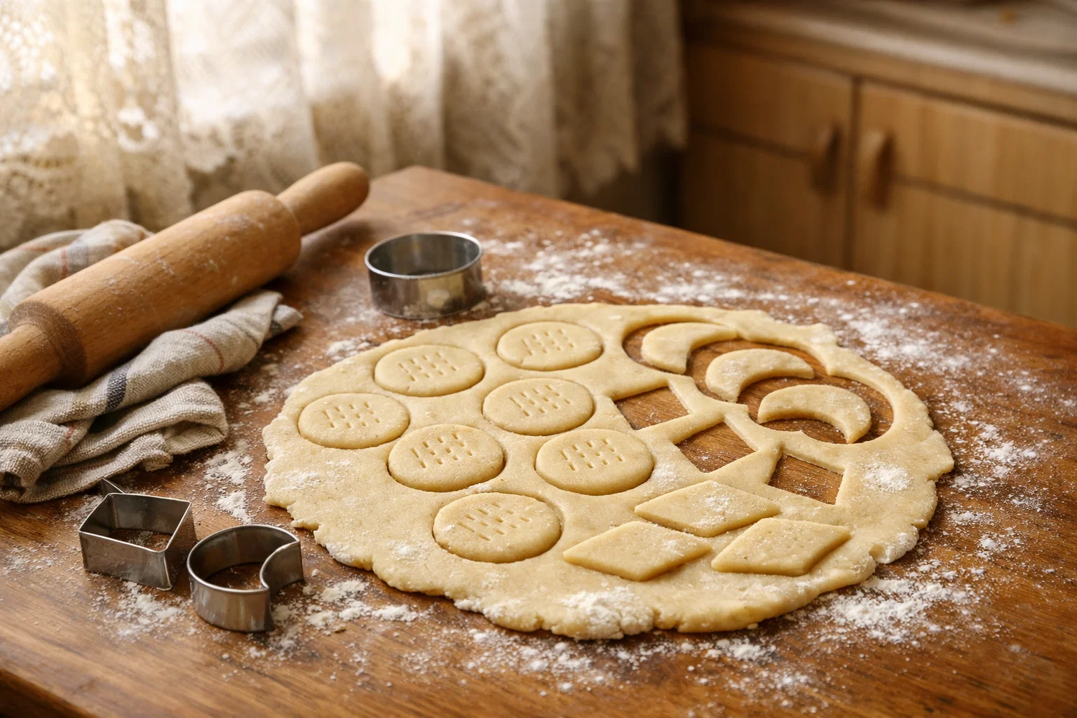 Раскатанное песочное тесто на сметане перед выпечкой печенья