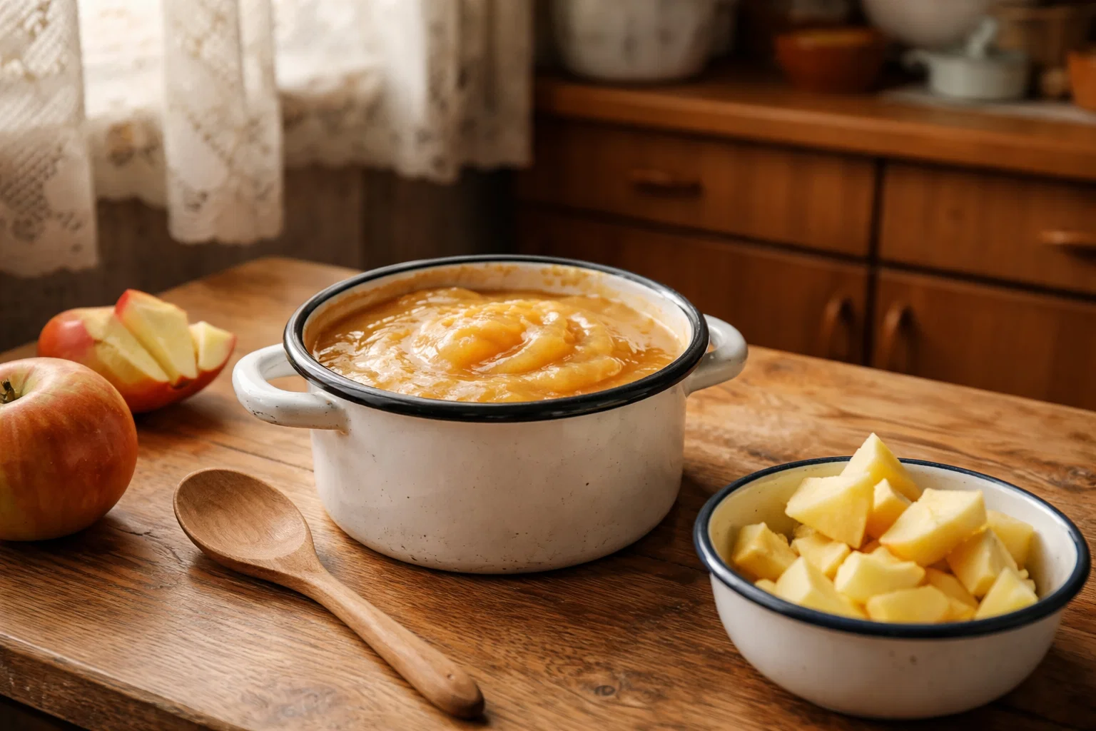 Домашнее яблочное пюре в кастрюле для начинки пирога