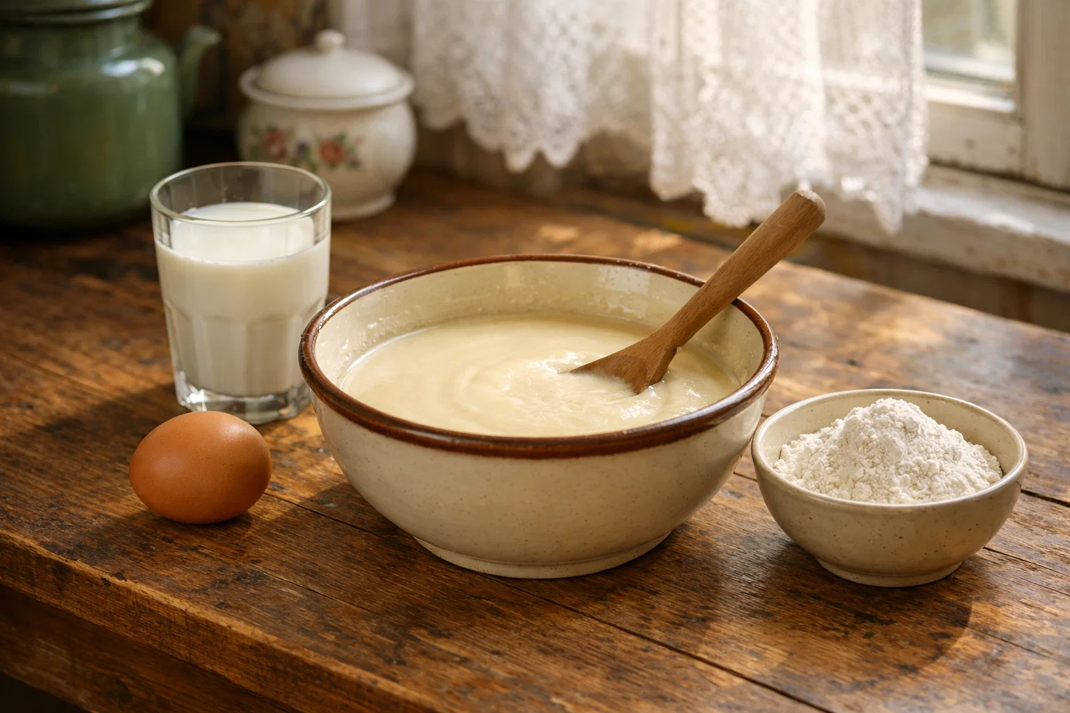 Тесто для блинов в миске на столе