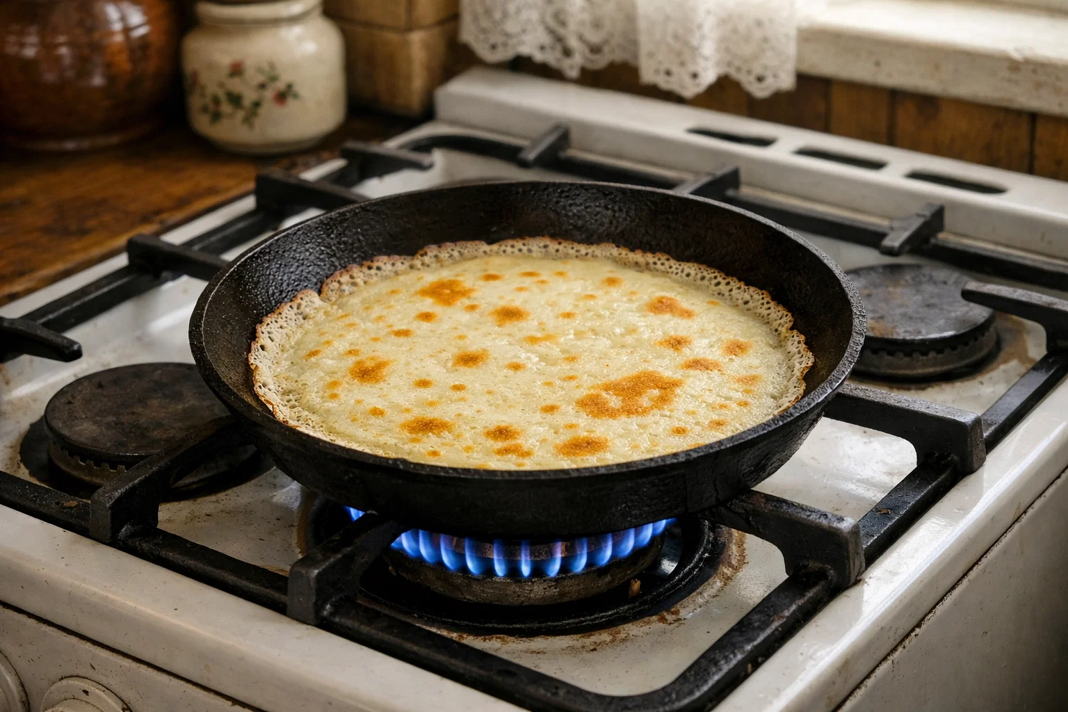 Тонкий блин жарится на сковороде на плите