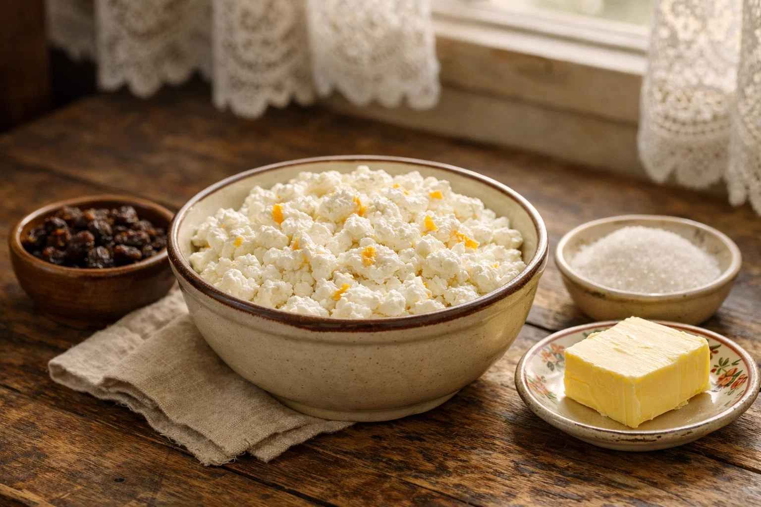 Творожная начинка для блинов с изюмом и сахаром в миске