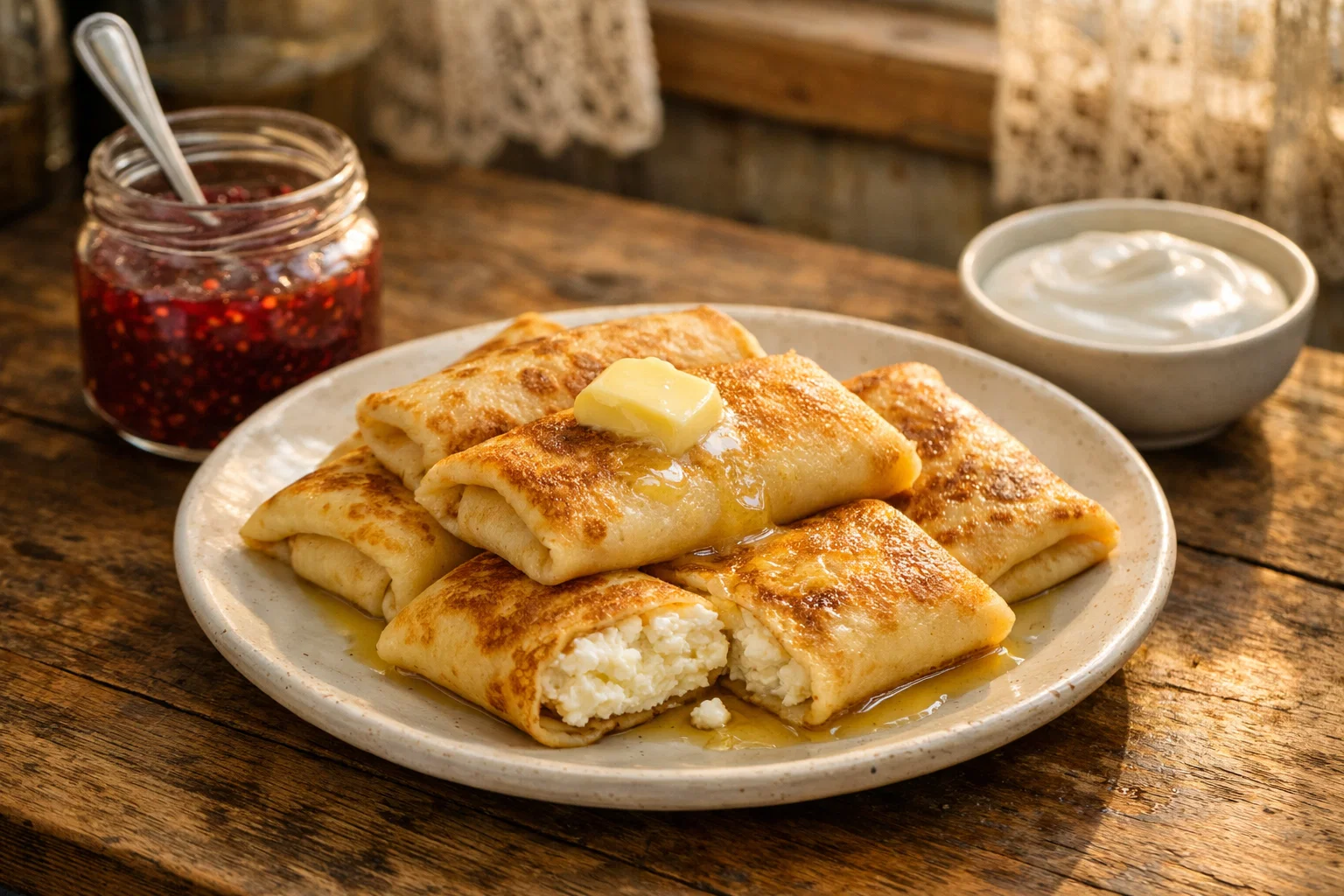 Блинчики с творогом на тарелке с маслом и сметаной