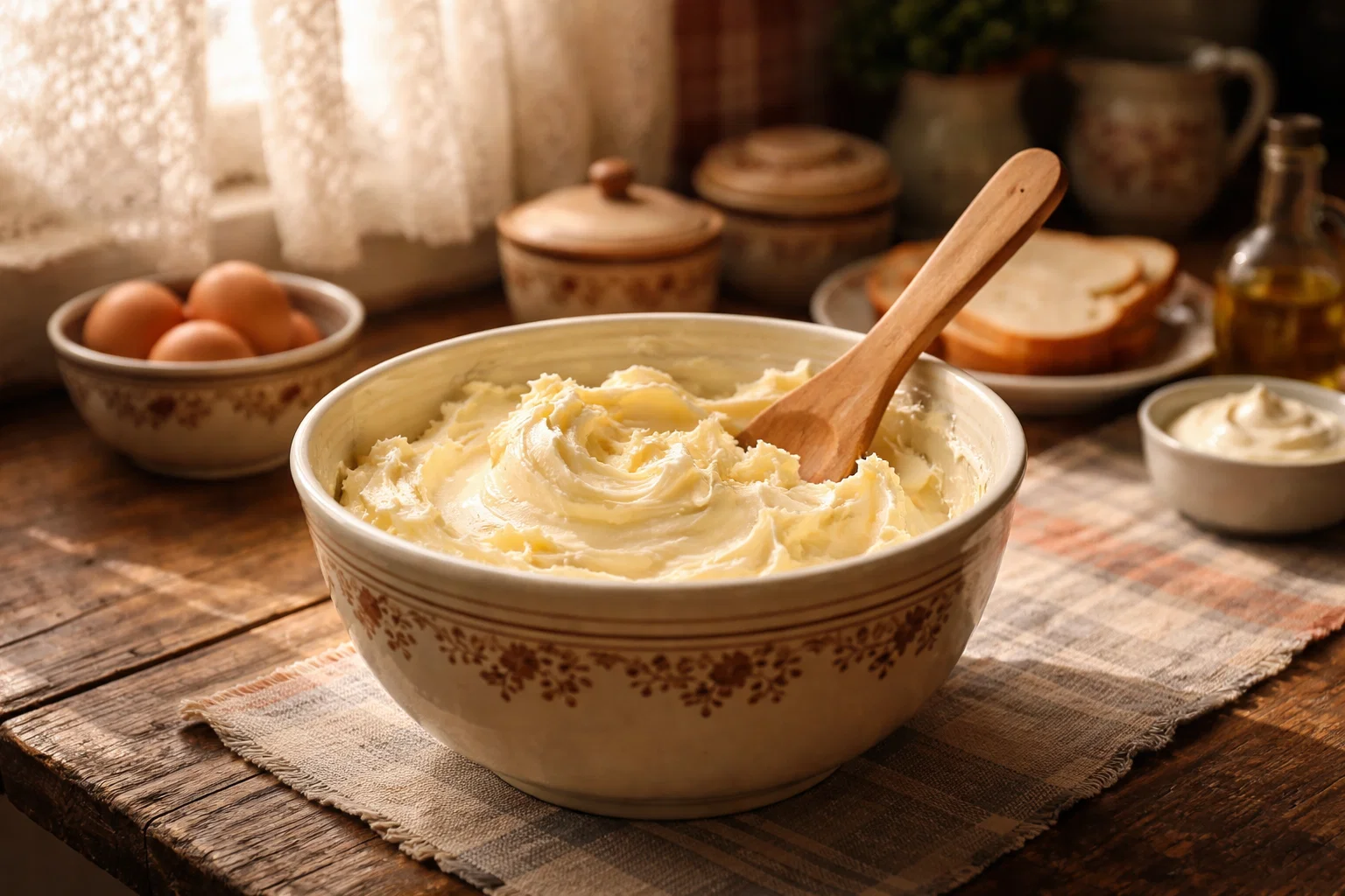 взбитое сливочное масло для творожной массы в миске на столе