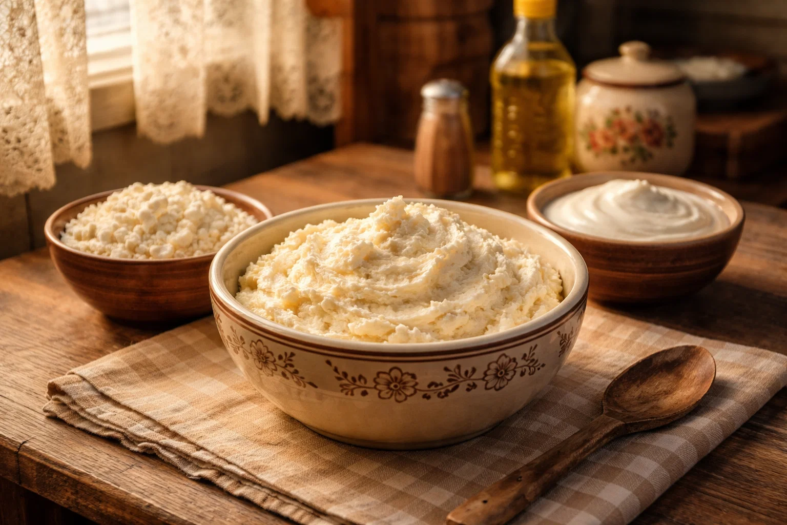 домашняя творожная масса из творога и сметаны в миске на кухонном столе