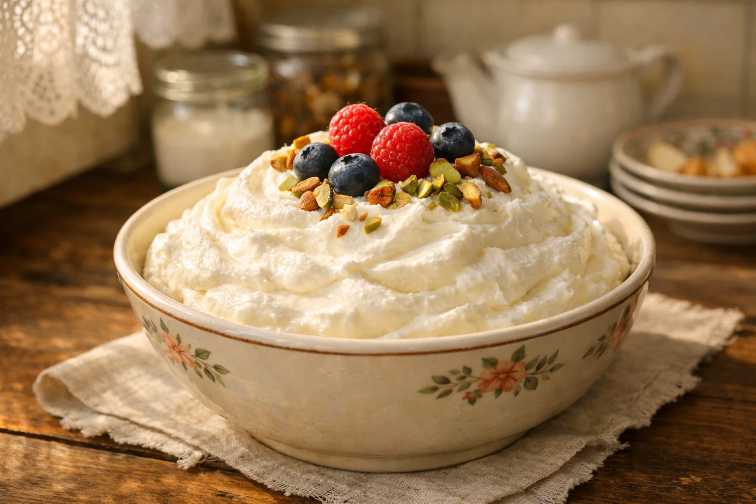 домашняя творожная масса с ягодами и фисташками в миске