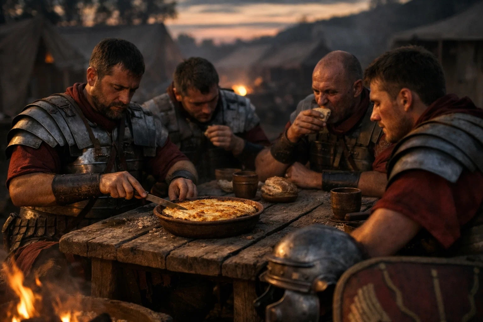 Римские легионеры едят древнеримский десерт savillum