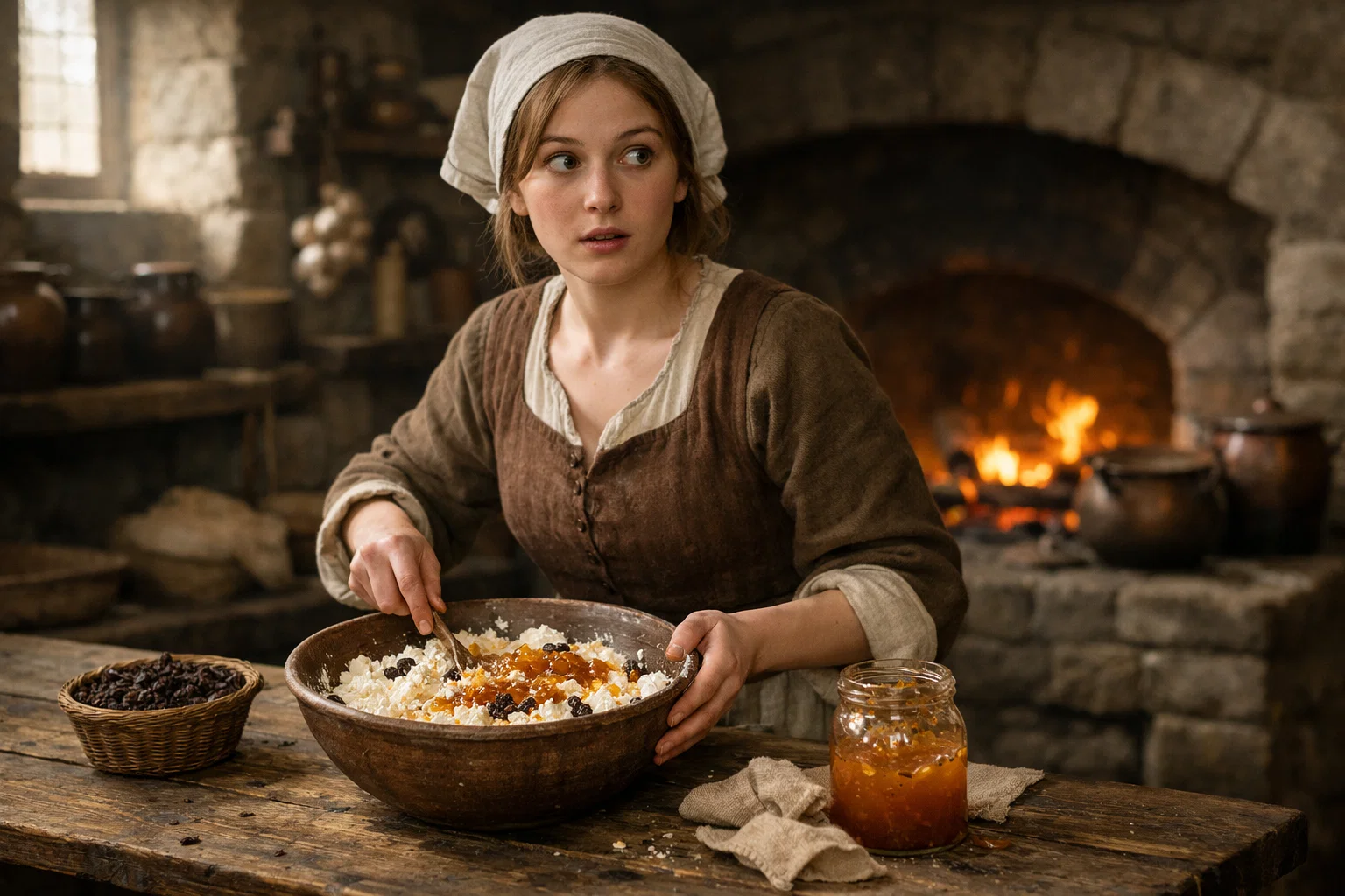 средневековая кухарка готовит творожную запеканку