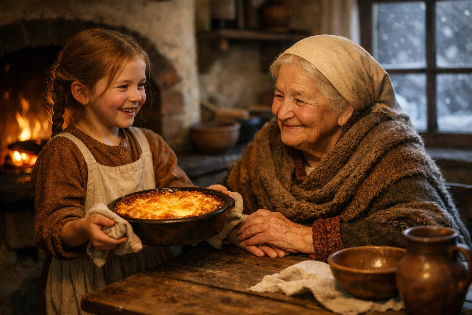 девочка угощает бабушку творожной запеканкой