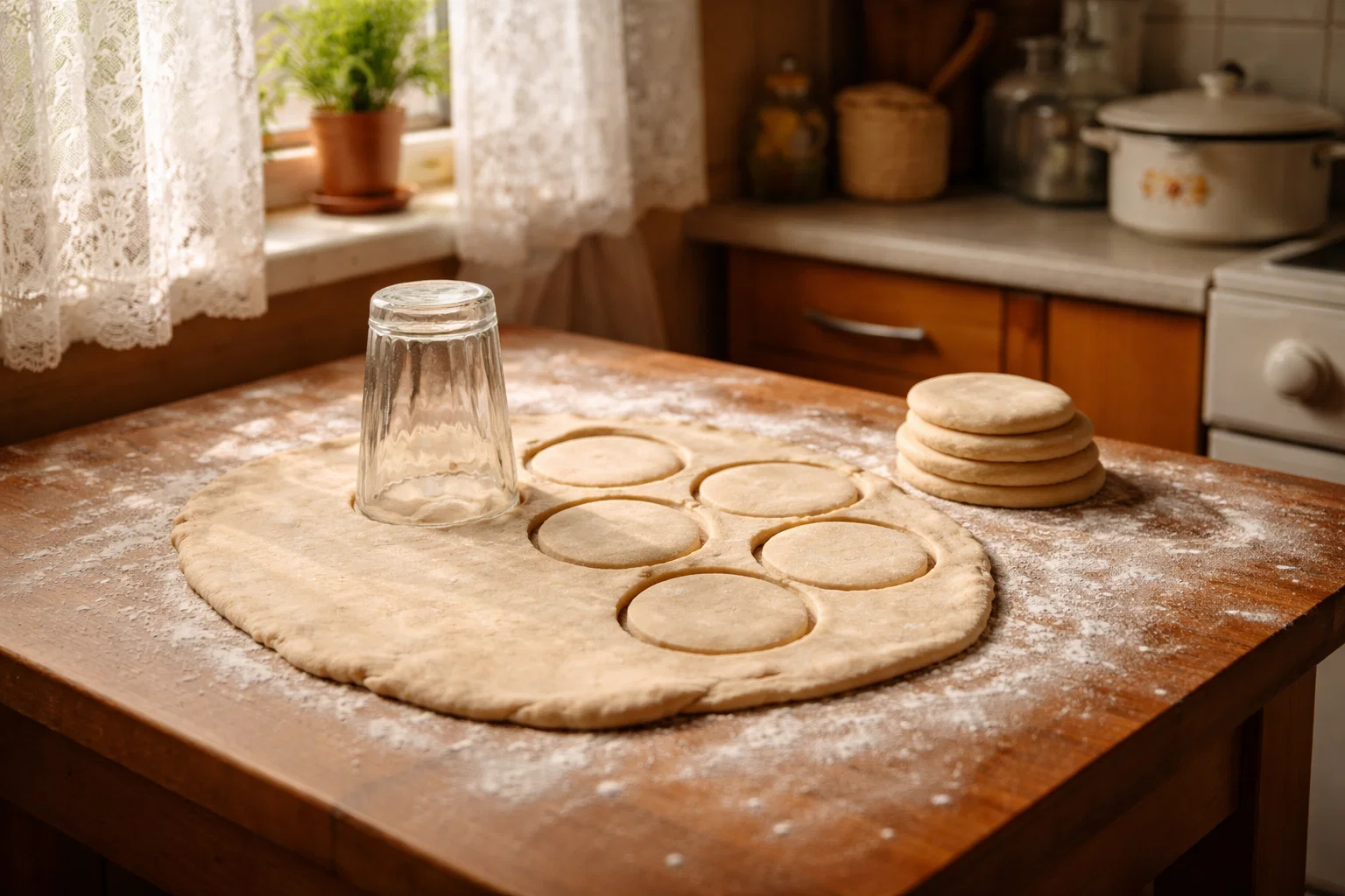 Формирование коржиков из раскатанного теста с помощью стакана