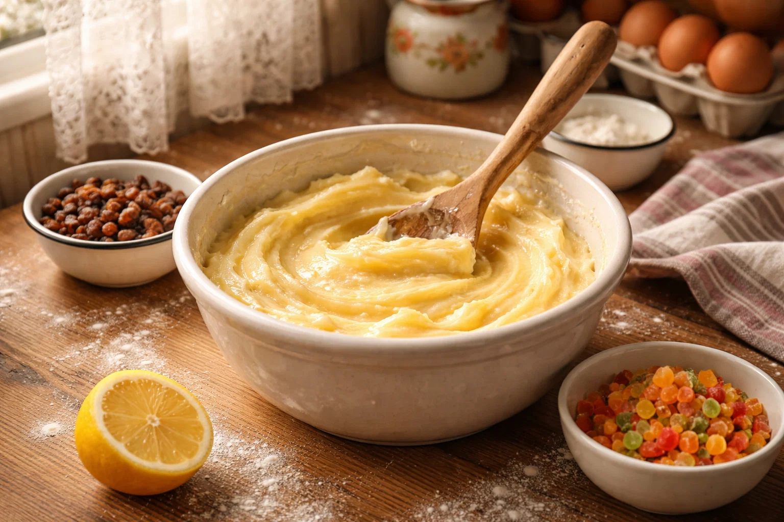 Лимонное тесто для кекса с изюмом и цукатами в миске