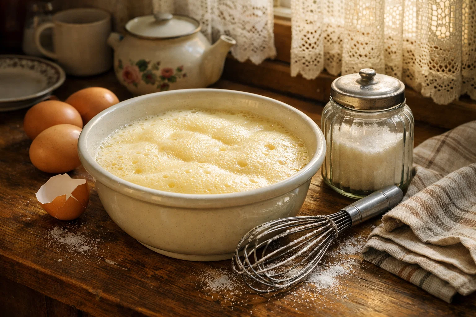 Взбитые яйца с сахаром для манника на кефире в миске 