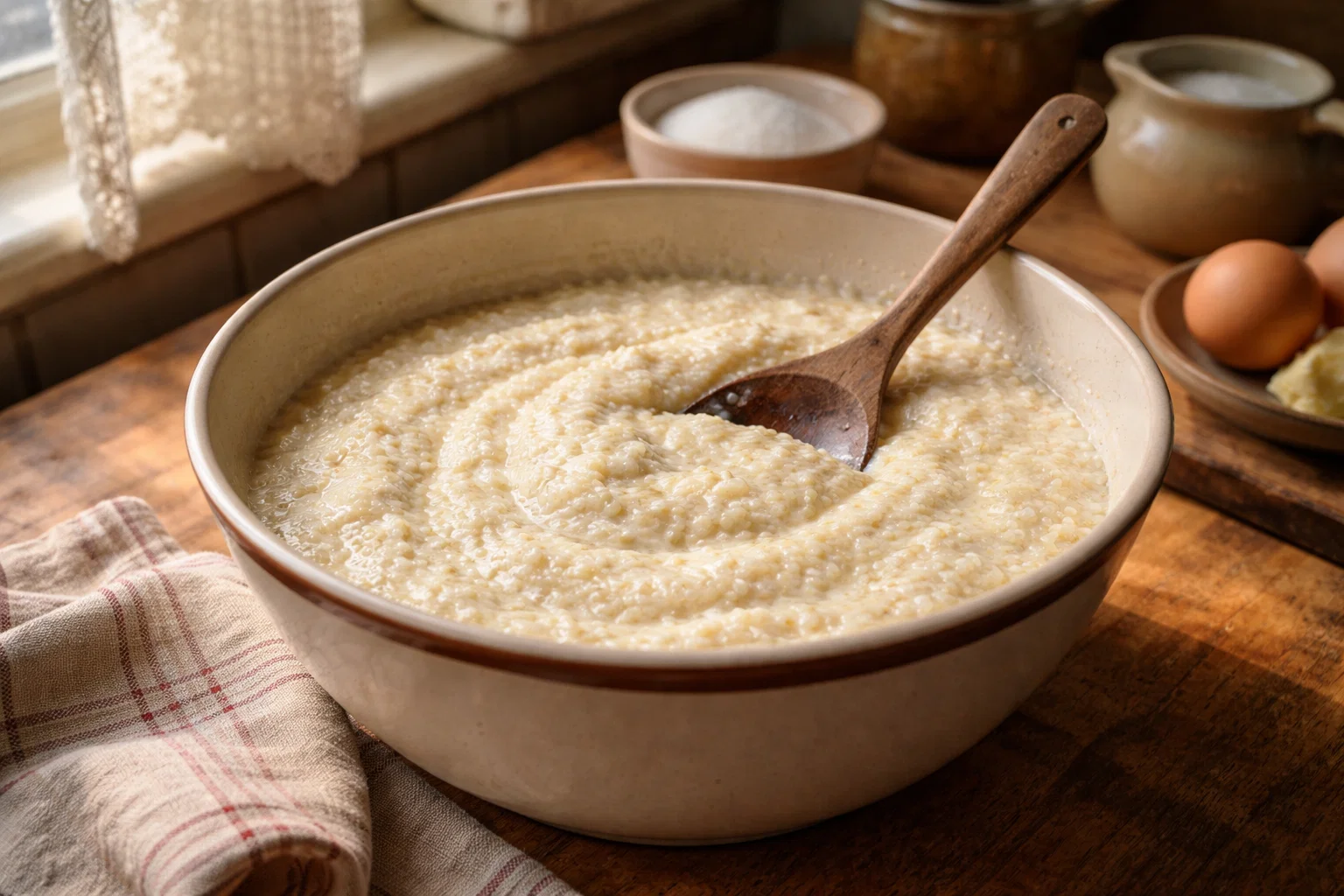 Манка с кефиром для манника в миске на кухонном столе