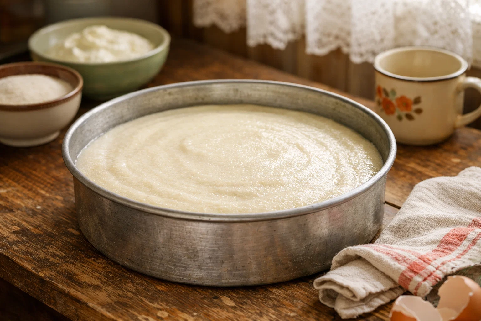 Тесто для манника на кефире в форме перед выпечкой