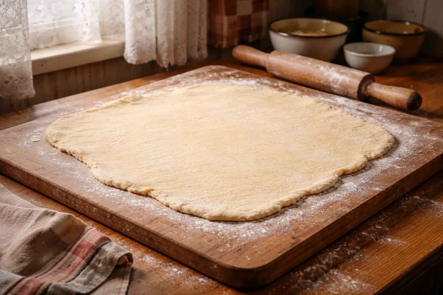 Раскатанное песочное тесто на доске