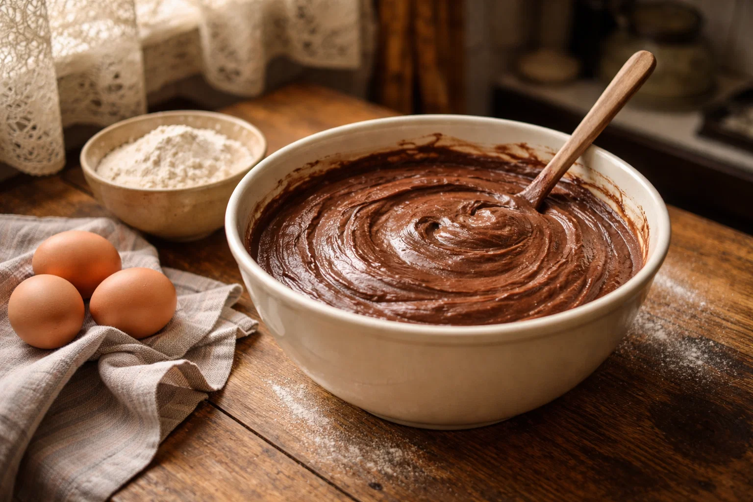 Готовое шоколадное тесто для пирога в миске