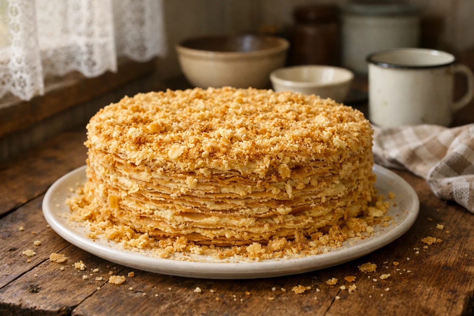 торт Наполеон обсыпанный крошкой из коржей