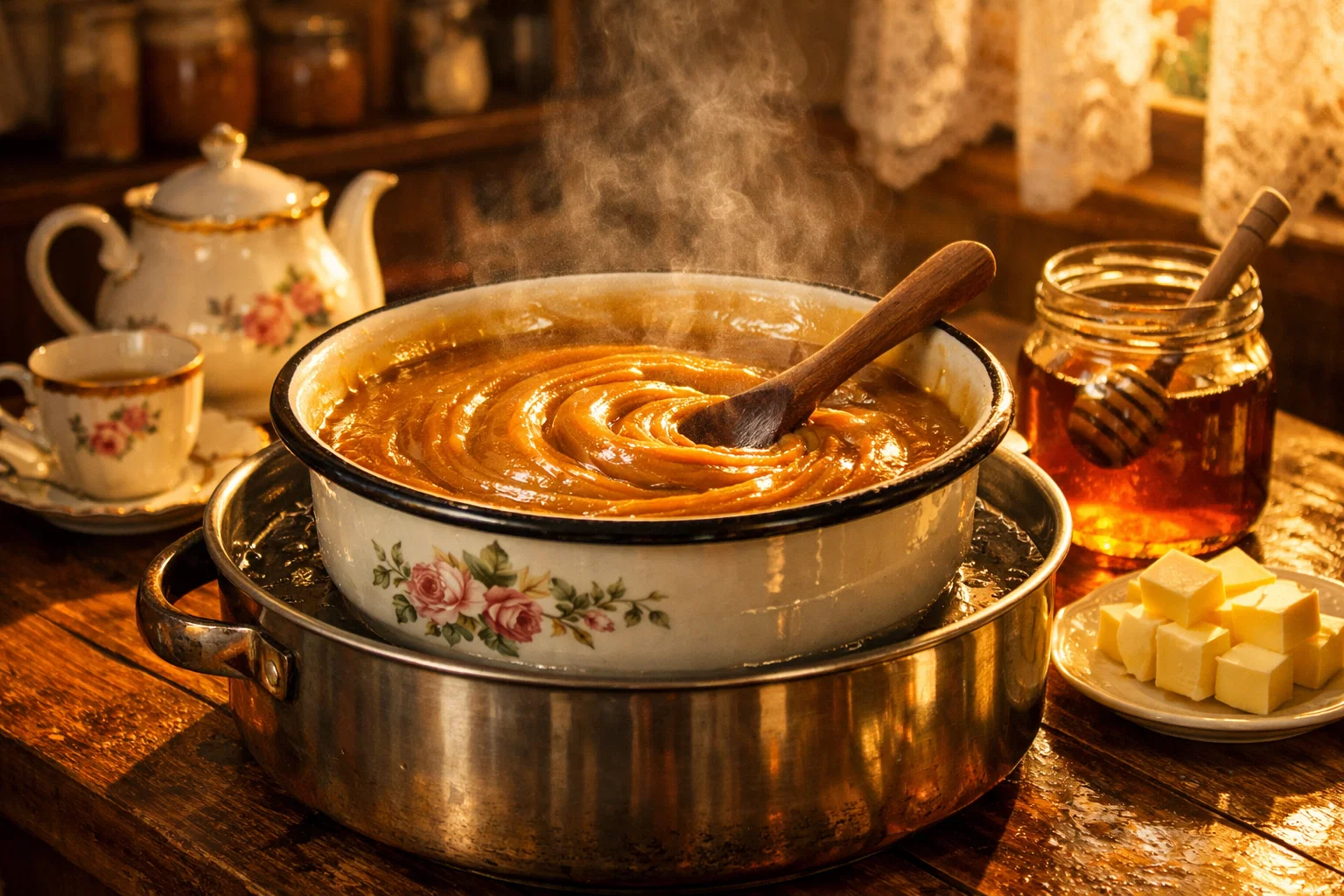 Медовое тесто для торта Медовик на водяной бане в миске, советская кухня