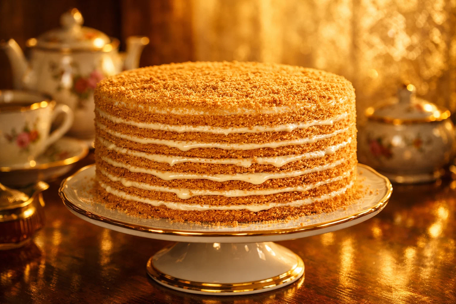 Медовик с кремом пломбир на подставке, классический советский медовый торт