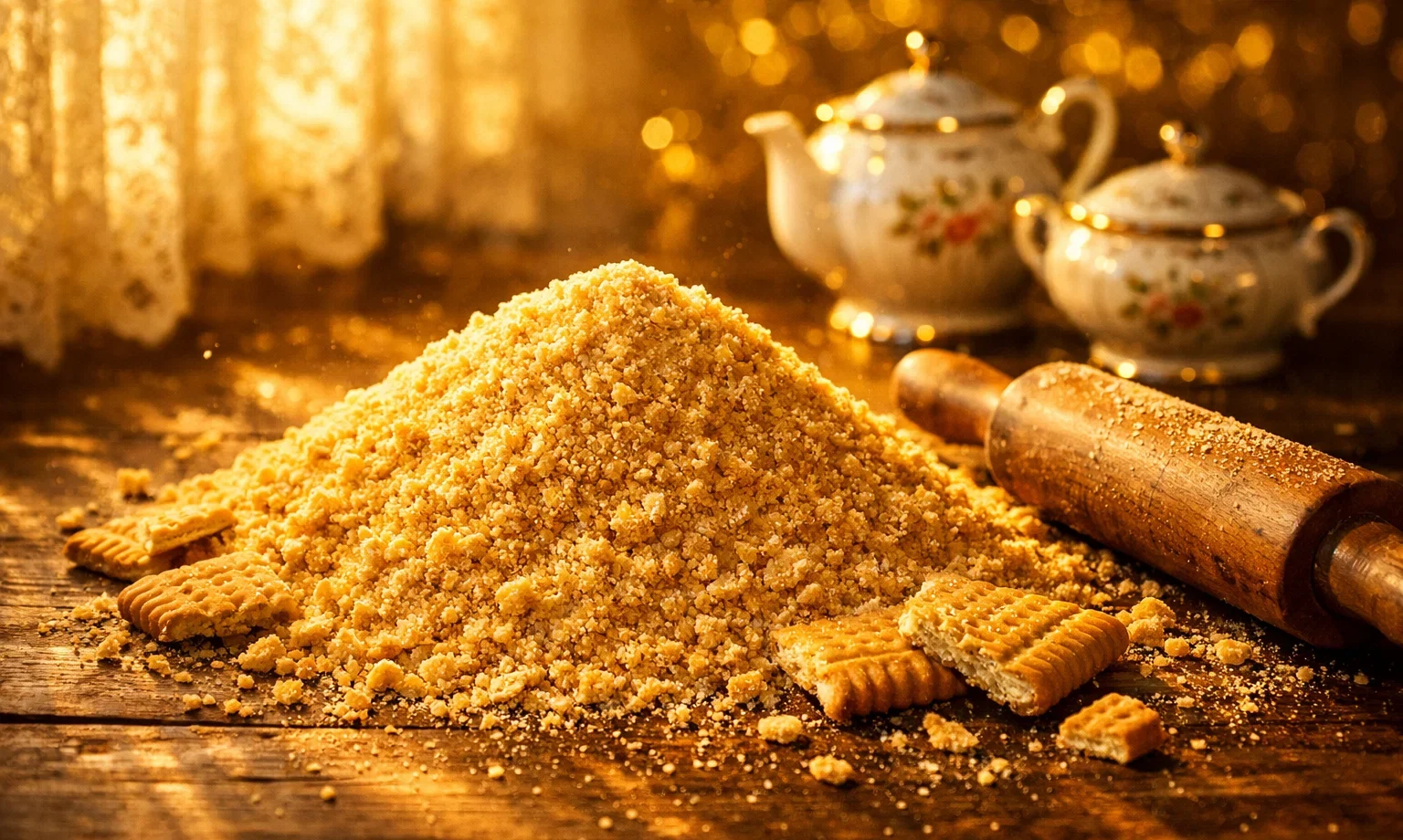 Крошка из печенья для шоколадной колбаски в миске на столе