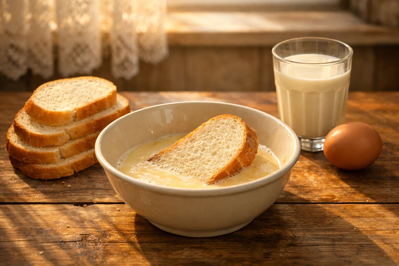 Ломтики батона в миске с молоком и яйцом для приготовления сладких гренок