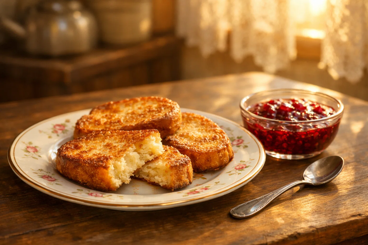 Сладкие гренки из батона на тарелке с вареньем на утренней кухне