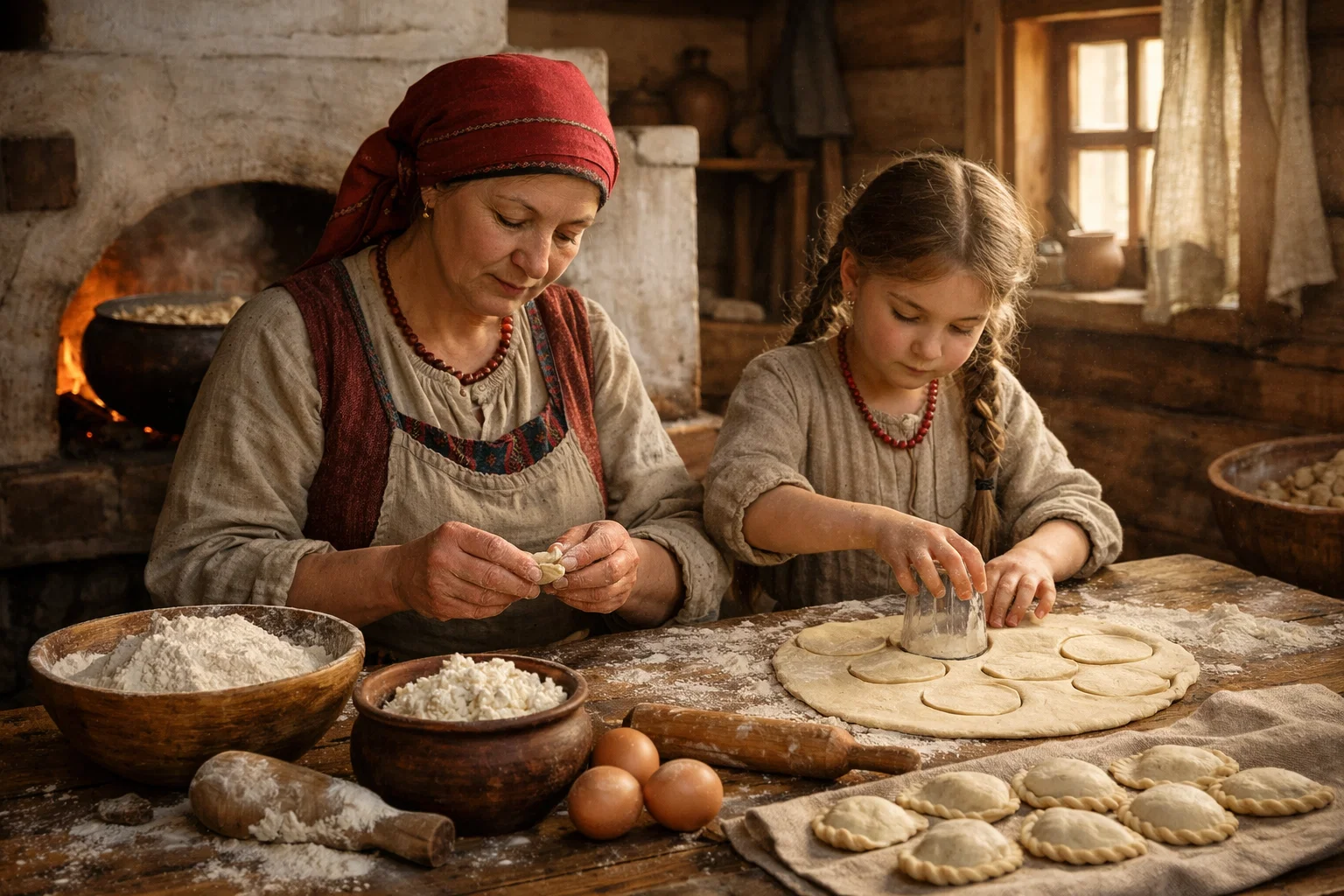 Приготовление вареников с творогом в старинной славянской избе